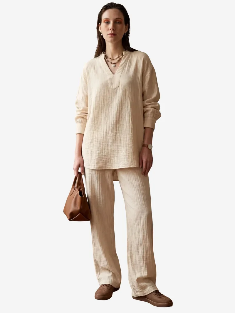ماي فاشن MY FASHION V-Neck Blouse & Wide Leg Pants Muslin Two-Piece Set
